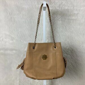 Eric Javits Beige Tan Leather Gold Tone Chain Tassel Bag